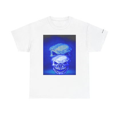 Skull Double Exposure Tee — Neon Blue Horror Graphic T-Shirt