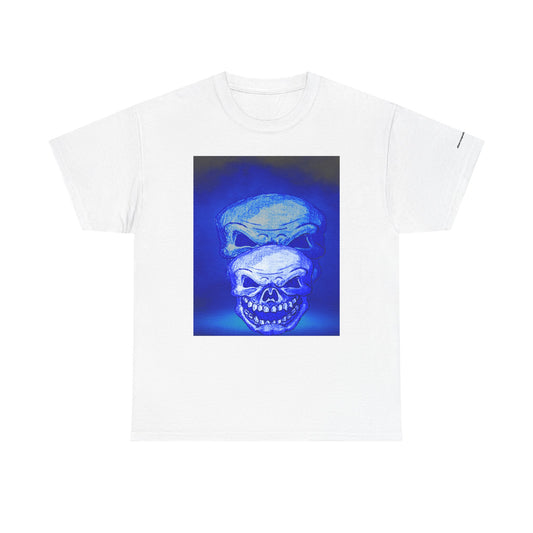 Skull Double Exposure Tee — Neon Blue Horror Graphic T-Shirt