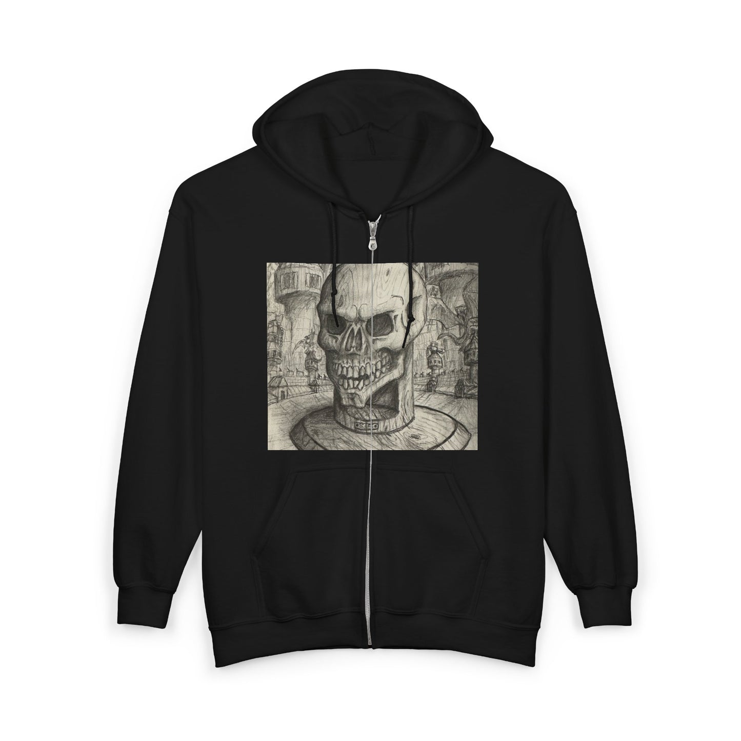Gothic Black and White Skull Zip Hoodie, Unique Art Sweatshirt, Unisex Heavy Blend Hoodie, Stylish Casual Wear, Perfect for Halloween and Gift