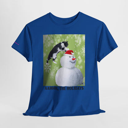 Holiday Cat T‑Shirt – “Aahhh, The Holidays” Funny Snowman Cat Tee
