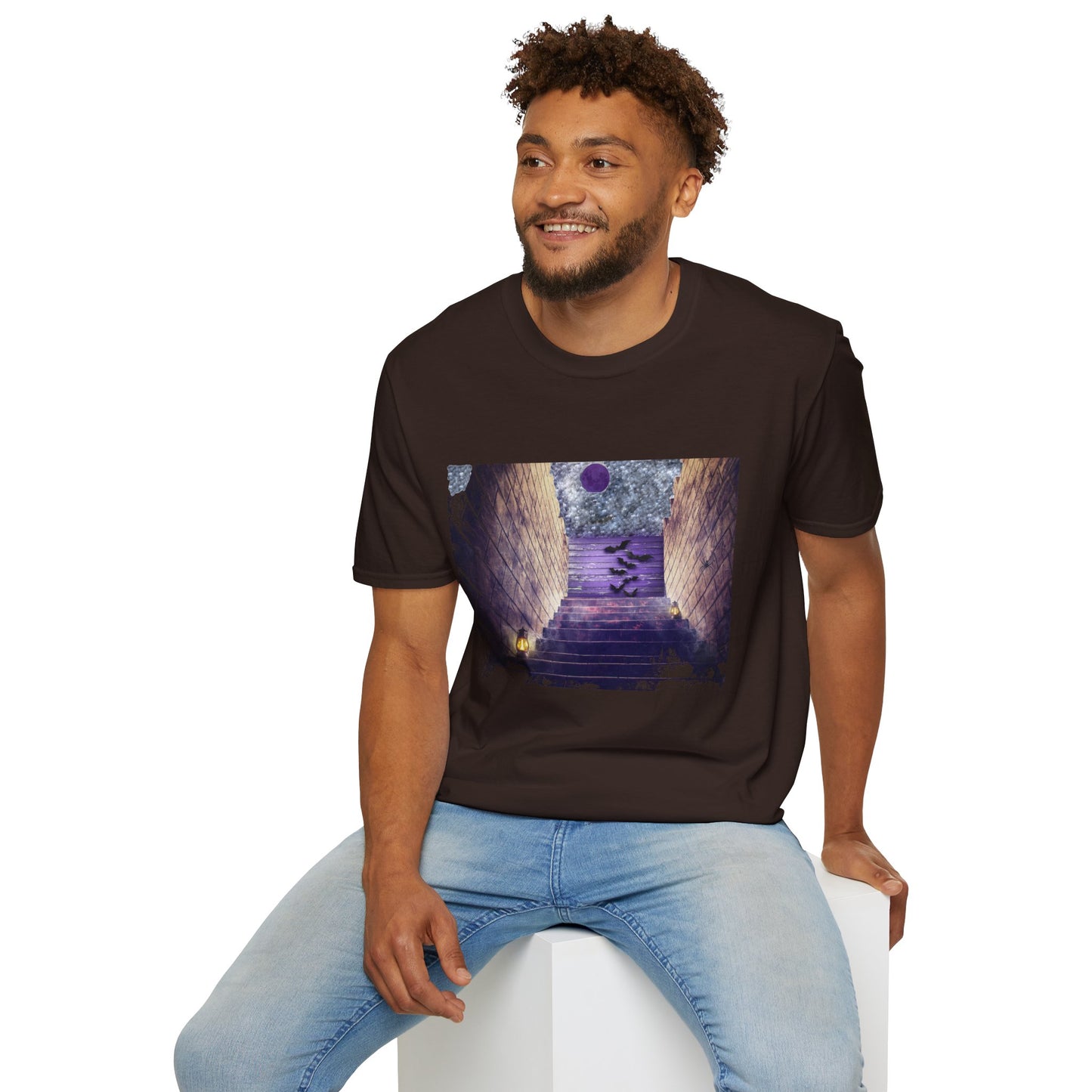 Mystical Stairway Bats Unisex T-Shirt - Softstyle Tee for Dreamers, Perfect for Gifting, Spiritual Occasions, Casual Wear, Art Lovers, [...]