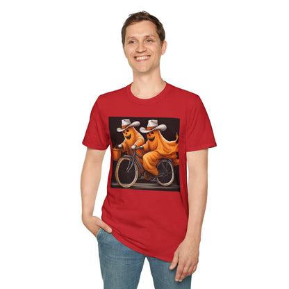 Funny cowboyGhost Bicycle T-Shirt | Halloween Tee for Kids, Unisex Festival Apparel, Ghostly Fun Wear, Spooky Season Gift