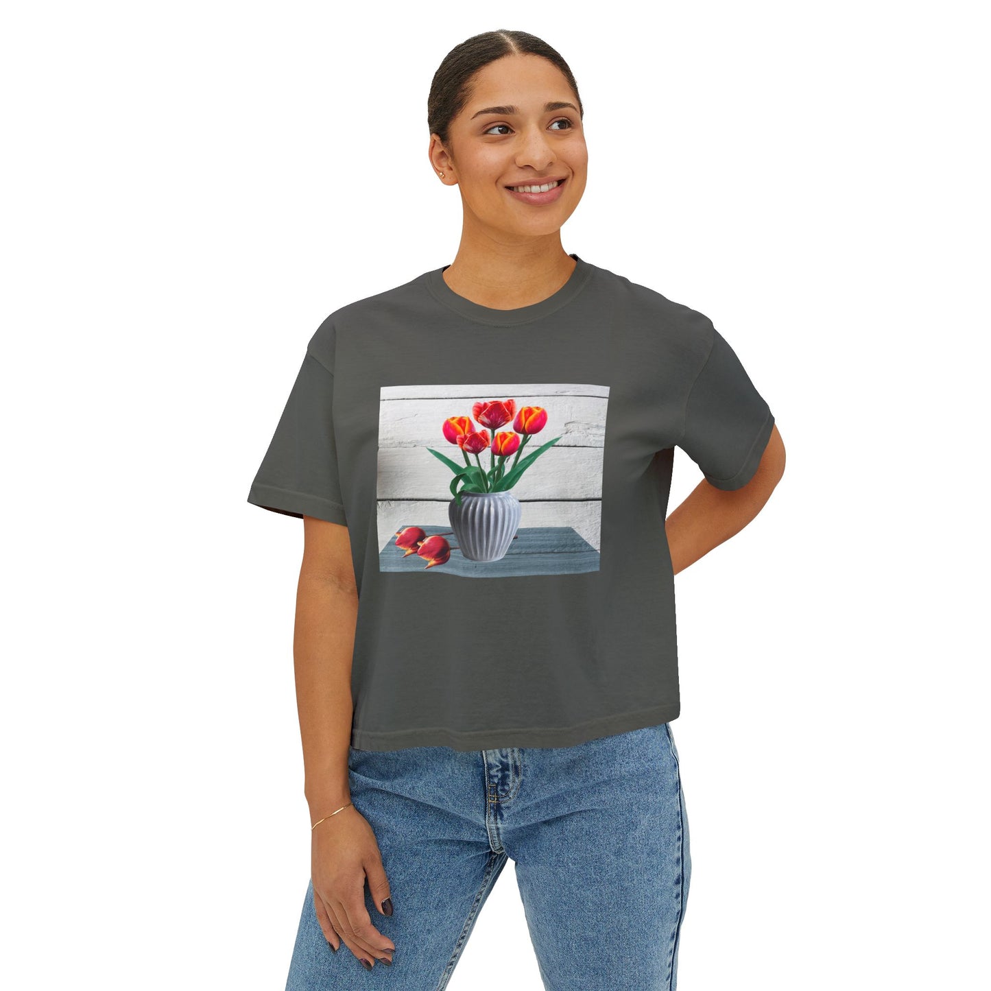 Floral Country Tulips Women's Boxy Tee - Cute Spring Top, Casual Wear, Gift for Her, Garden Lovers, Everyday Style