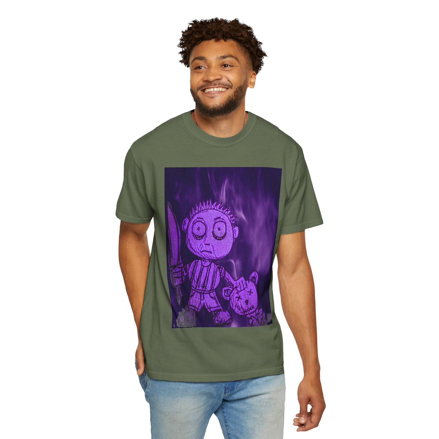 Horror Cartoon T-Shirt — Creepy Knife Kid with Broken Bunny Graphic