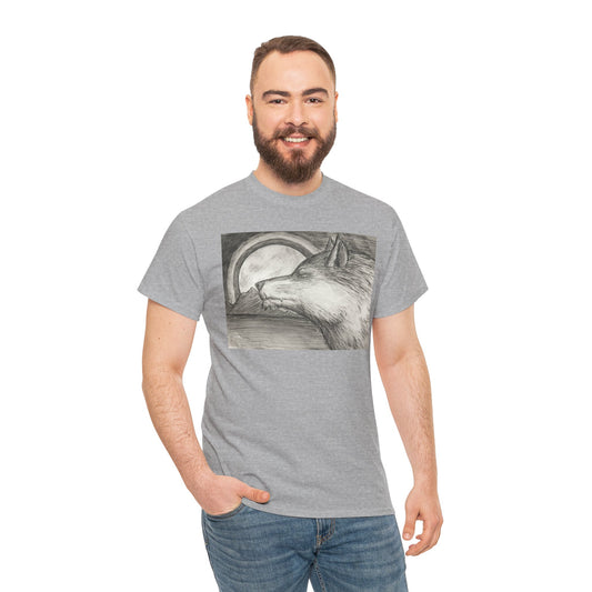 Wolf Sketch Moon T-Shirt — Black, White & Brown Wolf Illustration