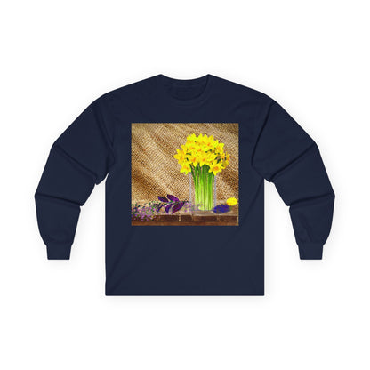 Burlap Floral Long Sleeve Tee - Perfect for Outdoor Gatherings, Gift for Garden Lovers, Spring Celebrations, Cozy Casual Wear