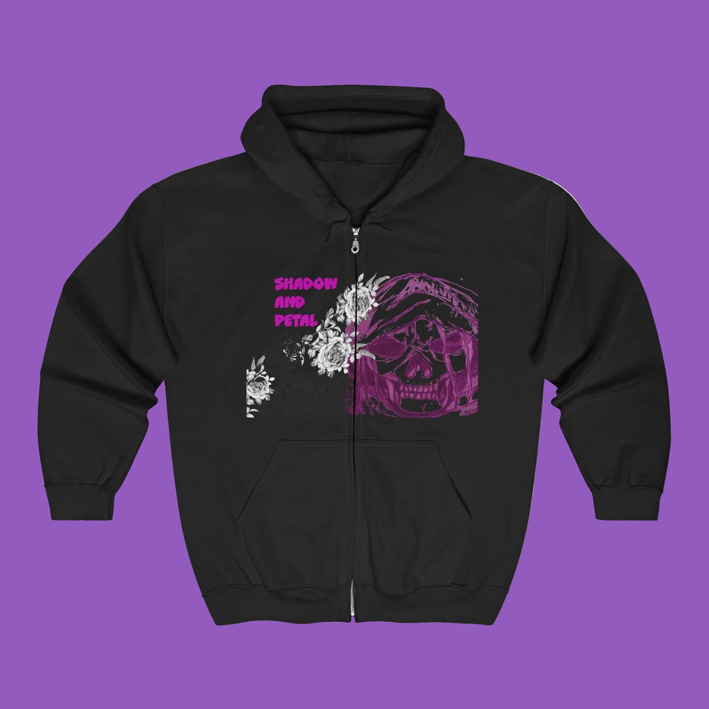 Zip Hoodie - Retro Grunge Skull & Roses Full-Zip Sweatshirt