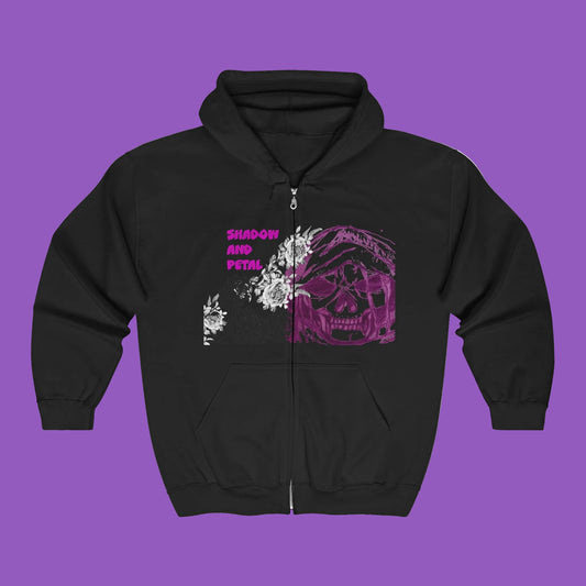 Zip Hoodie - Retro Grunge Skull & Roses Full-Zip Sweatshirt