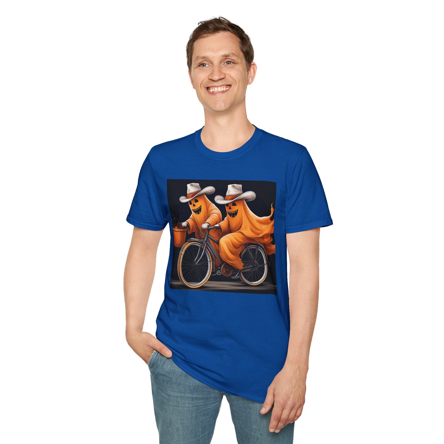 Funny cowboyGhost Bicycle T-Shirt | Halloween Tee for Kids, Unisex Festival Apparel, Ghostly Fun Wear, Spooky Season Gift