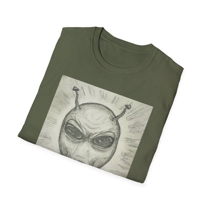 Alien Sketch B & W Unisex Softstyle T-Shirt, Casual Graphic Tee, Sci-Fi Lover Apparel, Unique Gift for UFO Enthusiasts, Everyday Wear