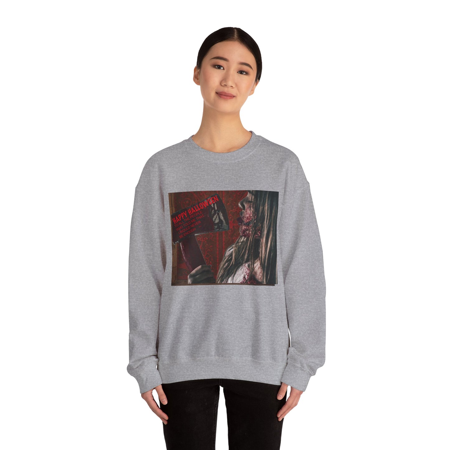 Halloween Horror Girl with Axe Sweatshirt, Unisex Crewneck, Horror Movie Fan Apparel, Halloween Costume Layering