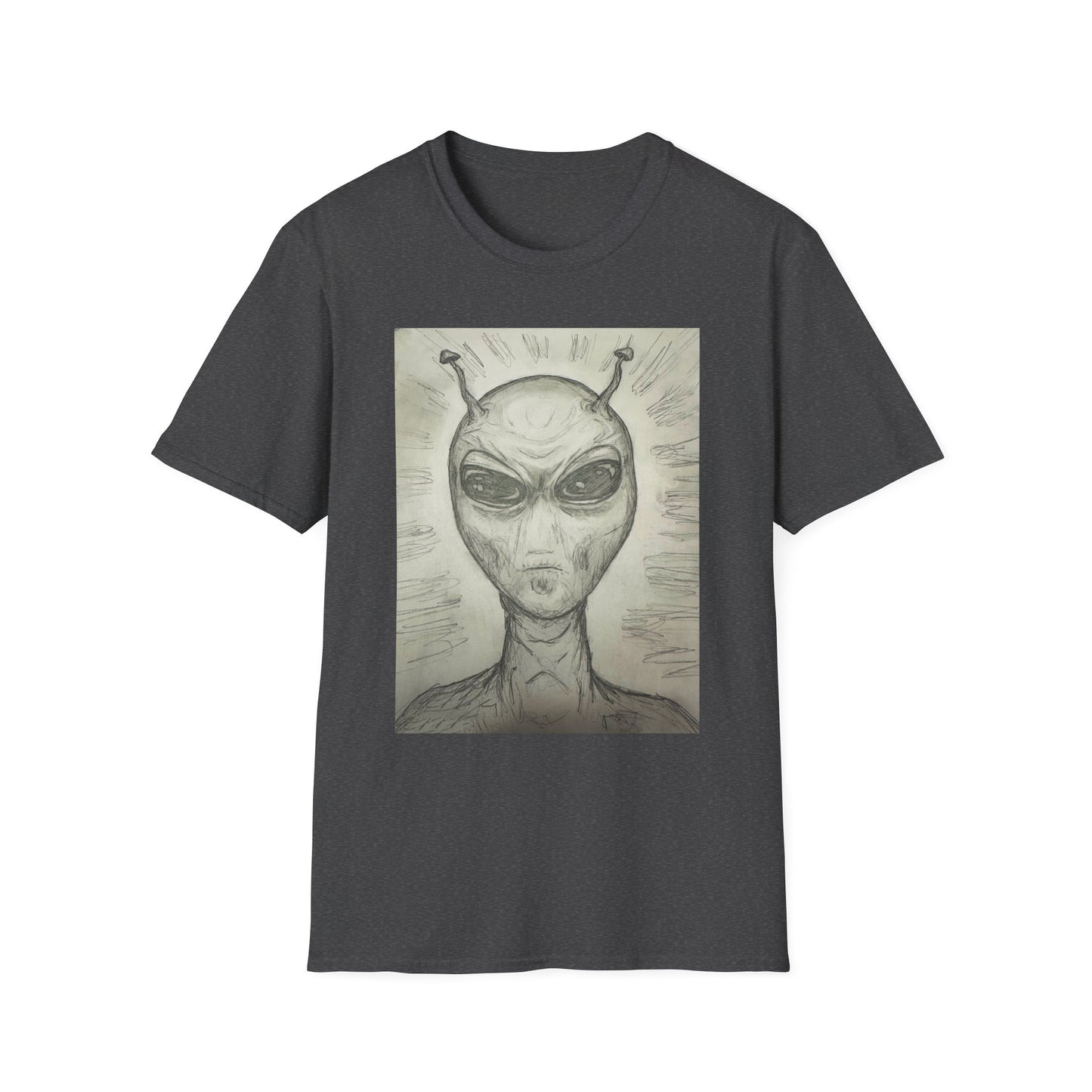 Alien Sketch B & W Unisex Softstyle T-Shirt, Casual Graphic Tee, Sci-Fi Lover Apparel, Unique Gift for UFO Enthusiasts, Everyday Wear