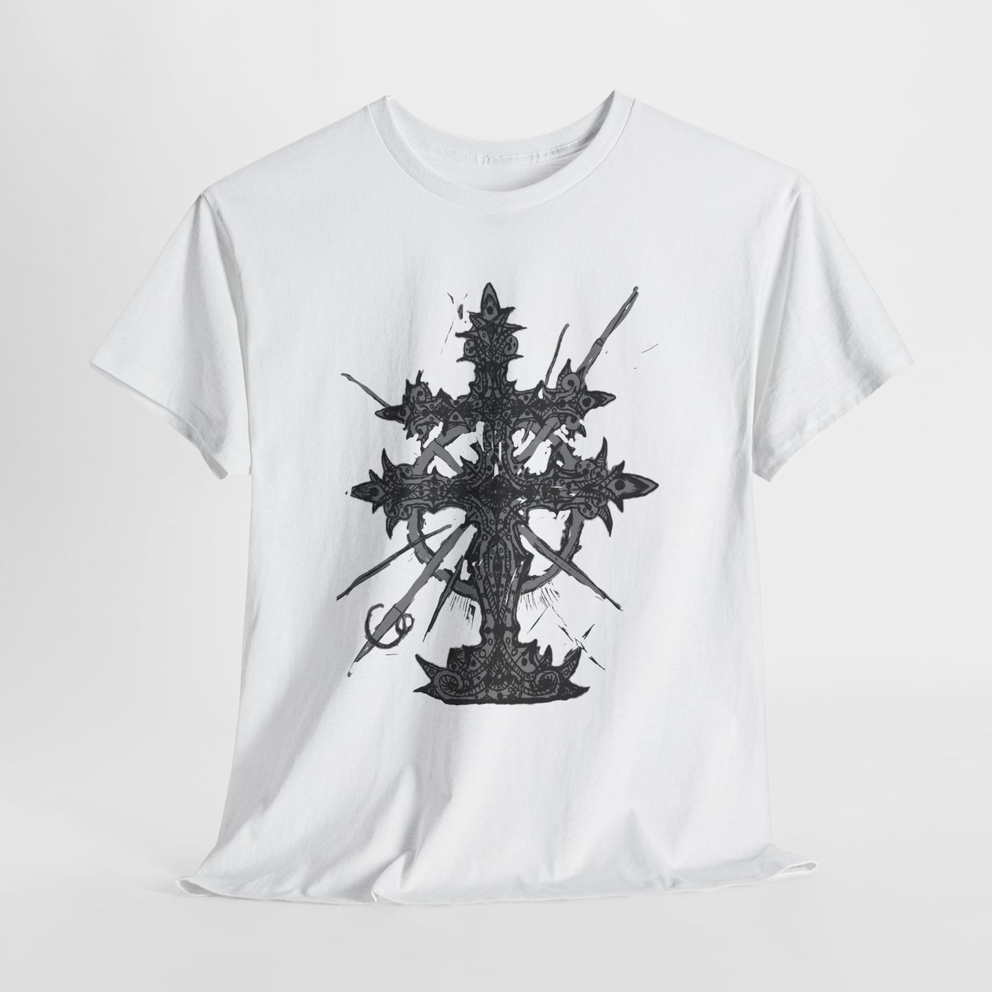 Gothic Cross Graphic T-Shirt — Dark Ornate Church Cross Tee