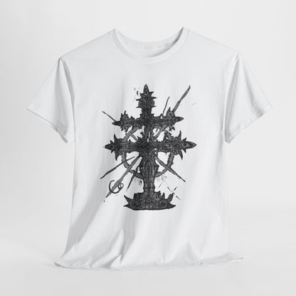 Gothic Cross Graphic T-Shirt — Dark Ornate Church Cross Tee
