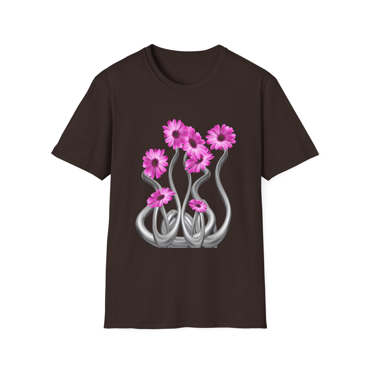 Floral Metal Futuristic Twist T‑Shirt — Pink Daisy Vine Graphic Tee
