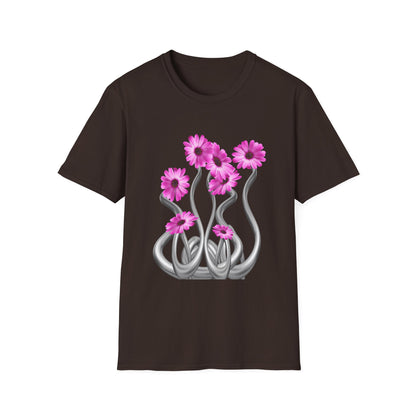 Floral Metal Futuristic Twist T‑Shirt — Pink Daisy Vine Graphic Tee