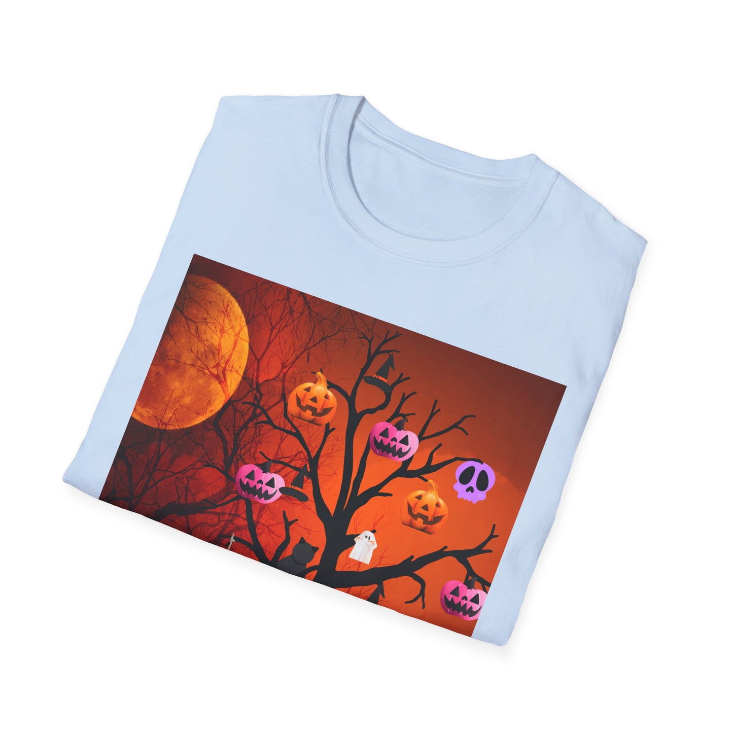 Halloween Pumpkin Tree T-Shirt, Unisex Softstyle Tee for Halloween, Spooky Vibes, Autumn Fashion, Fall Celebration Shirt