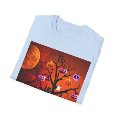 Halloween Pumpkin Tree T-Shirt, Unisex Softstyle Tee for Halloween, Spooky Vibes, Autumn Fashion, Fall Celebration Shirt