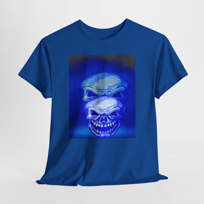 Skull Double Exposure Tee — Neon Blue Horror Graphic T-Shirt
