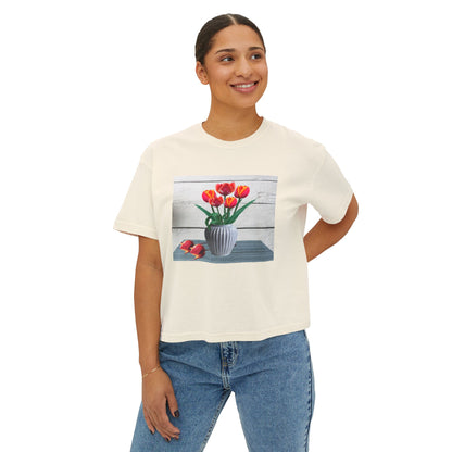 Floral Country Tulips Women's Boxy Tee - Cute Spring Top, Casual Wear, Gift for Her, Garden Lovers, Everyday Style