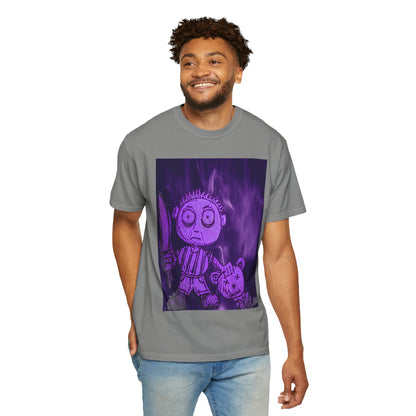 Horror Cartoon T-Shirt — Creepy Knife Kid with Broken Bunny Graphic