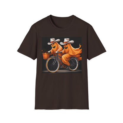 Funny cowboyGhost Bicycle T-Shirt | Halloween Tee for Kids, Unisex Festival Apparel, Ghostly Fun Wear, Spooky Season Gift