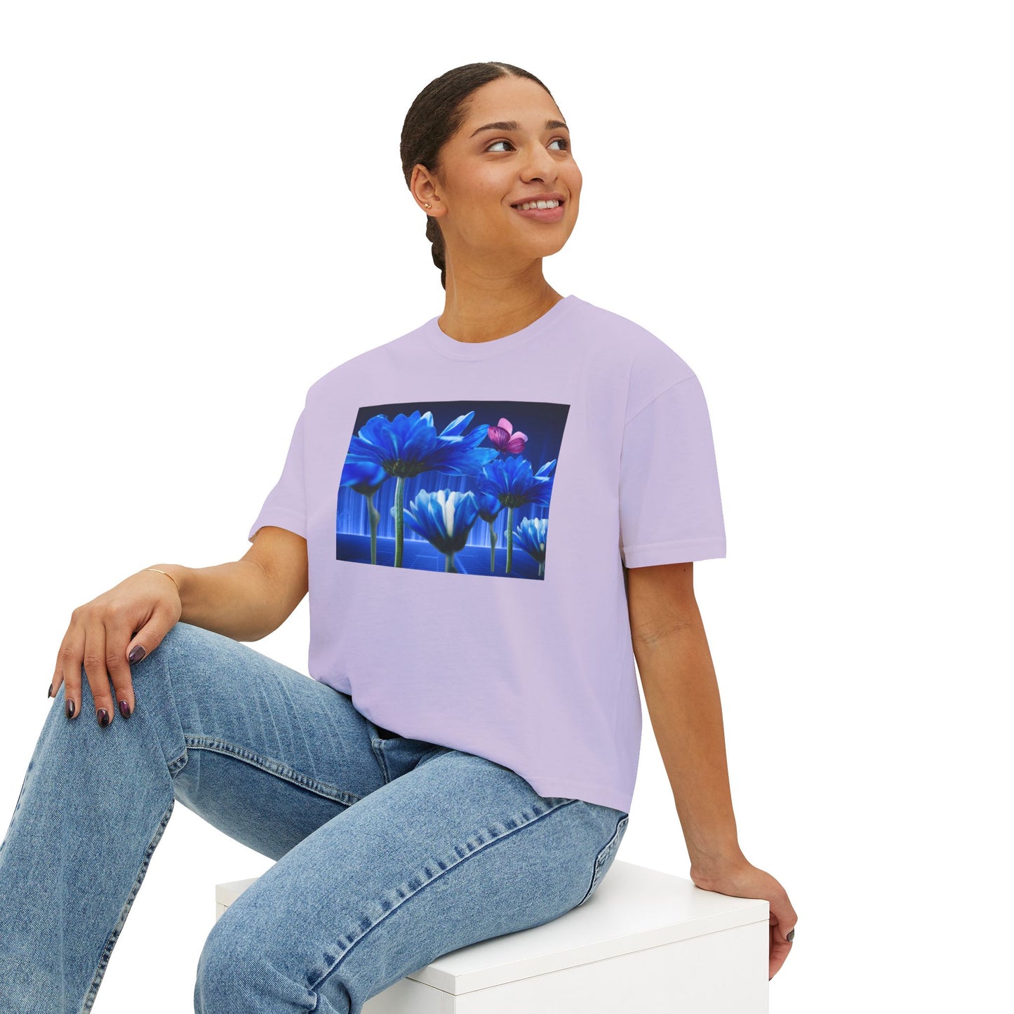 Floral Blue Flowered Backlight Women's Boxy Tee, Boho Chic Style, Perfect Summer Top, Gift for Her, Casual Cute Shirt, Nature-Inspired Apparel