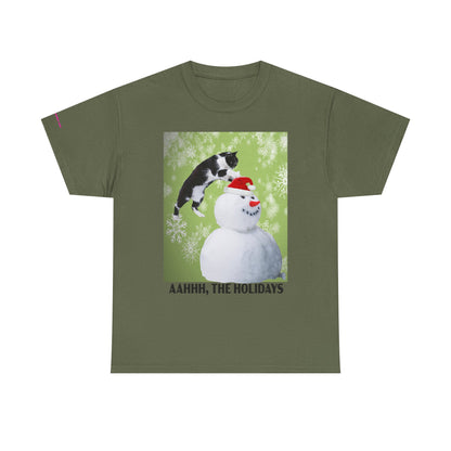 Holiday Cat T‑Shirt – “Aahhh, The Holidays” Funny Snowman Cat Tee