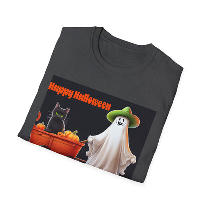 Halloween Ghost with wagon t-Shirt, trick or treating  Funny Halloween Tee, Unisex Casual Shirt, Cute Halloween Costume, Spooky Holiday Apparel