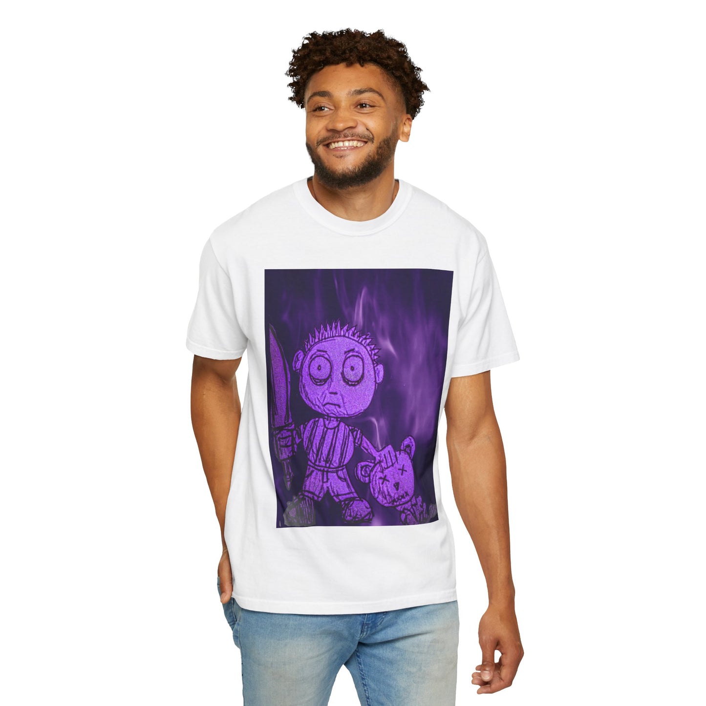 Horror Cartoon T-Shirt — Creepy Knife Kid with Broken Bunny Graphic
