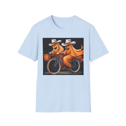 Funny cowboyGhost Bicycle T-Shirt | Halloween Tee for Kids, Unisex Festival Apparel, Ghostly Fun Wear, Spooky Season Gift