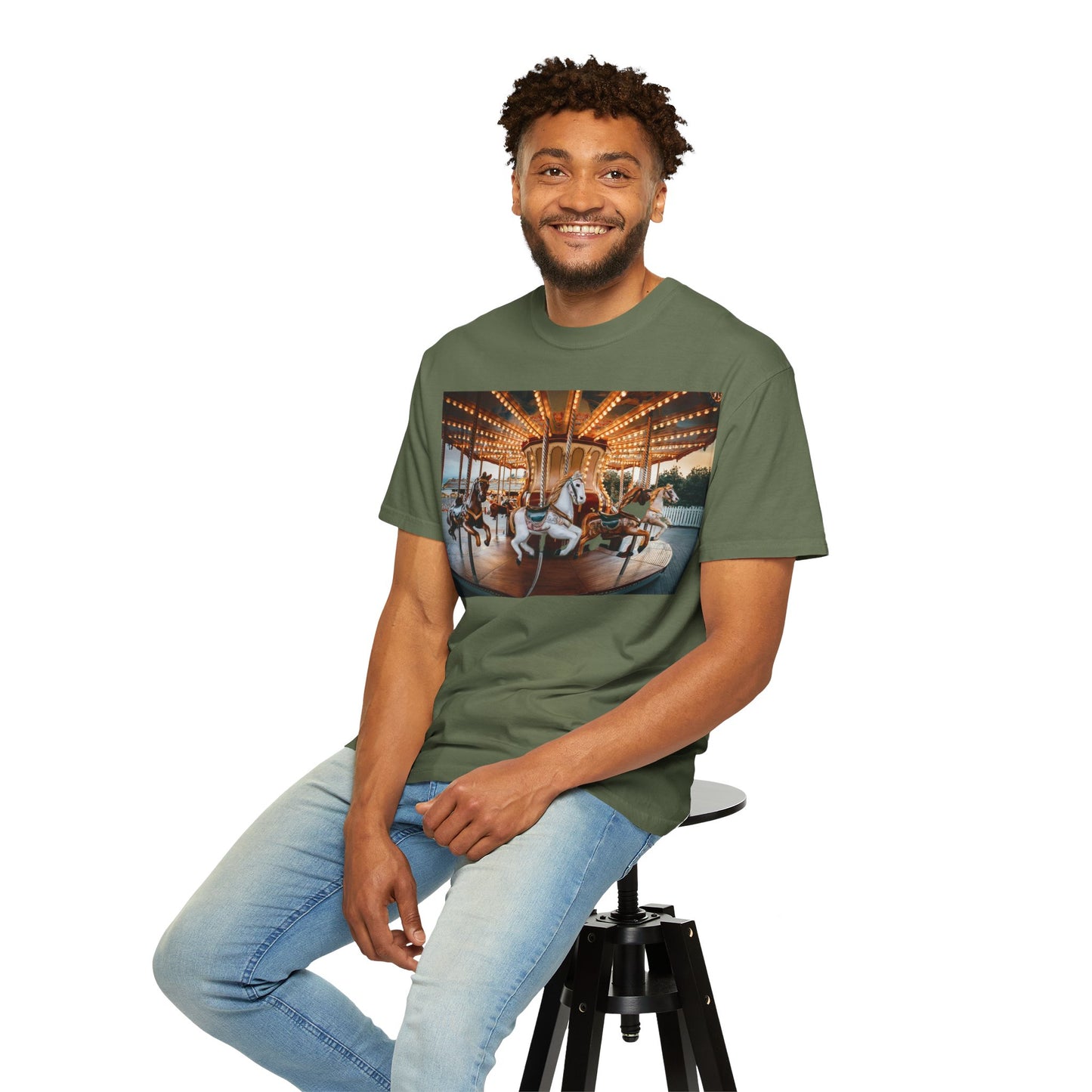 Vintage Full Carousel Horse Design Garment-Dyed T-shirt