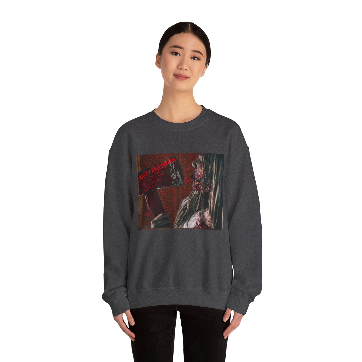 Halloween Horror Girl with Axe Sweatshirt, Unisex Crewneck, Horror Movie Fan Apparel, Halloween Costume Layering