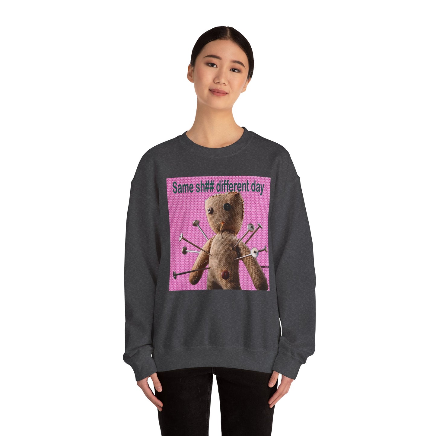 Voodoo Doll Funny Graphic Crewneck Sweatshirt, Casual Everyday Wear, Perfect Gift for Friends & Family, Humor, Quirky Style, Unisex