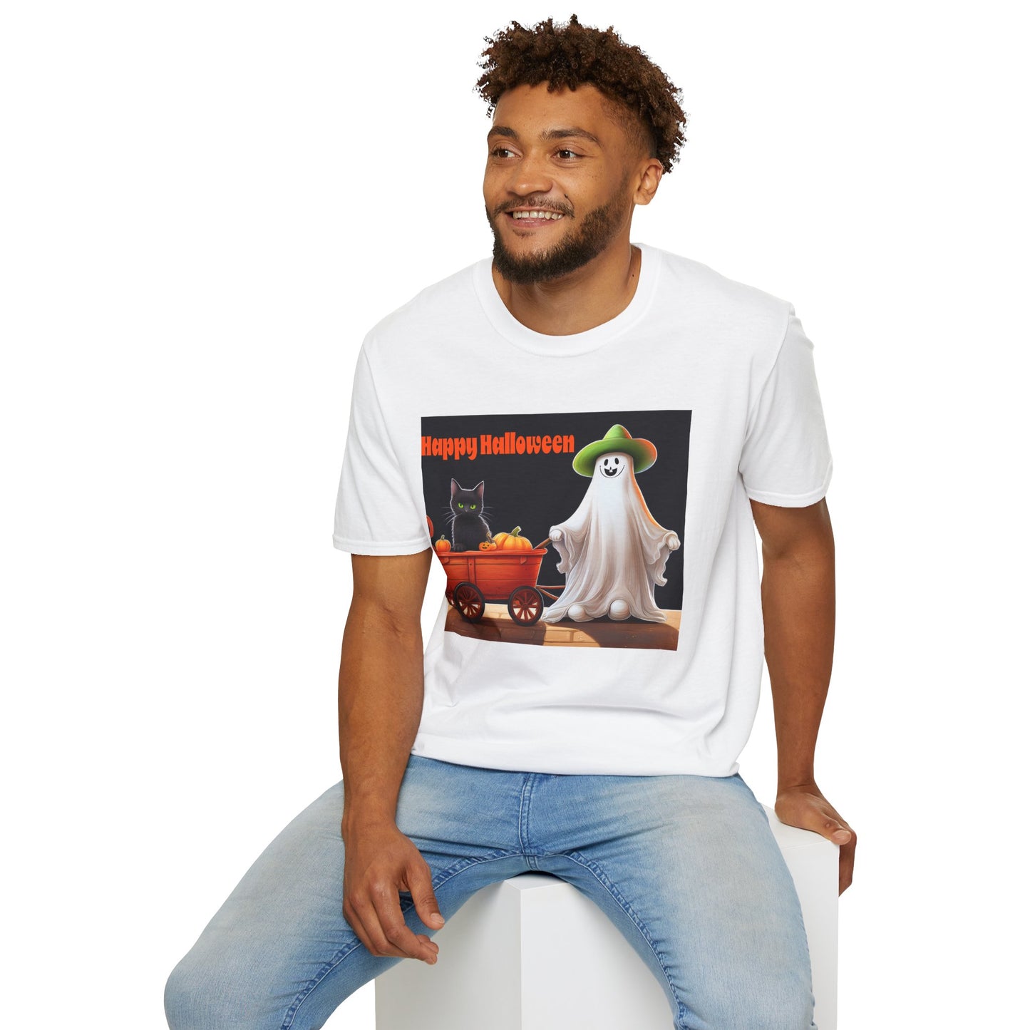 Halloween Ghost with wagon t-Shirt, trick or treating  Funny Halloween Tee, Unisex Casual Shirt, Cute Halloween Costume, Spooky Holiday Apparel