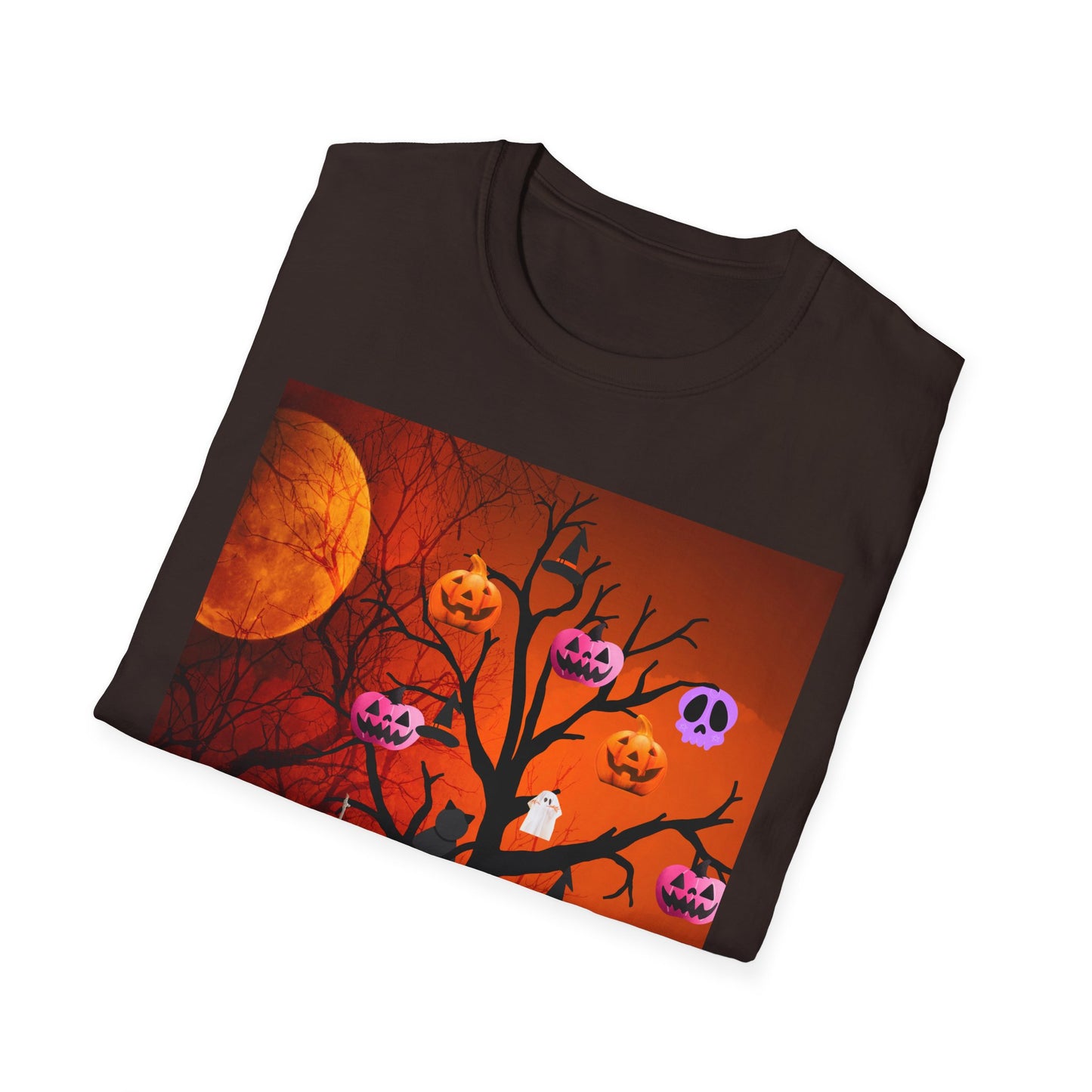 Halloween Pumpkin Tree T-Shirt, Unisex Softstyle Tee for Halloween, Spooky Vibes, Autumn Fashion, Fall Celebration Shirt