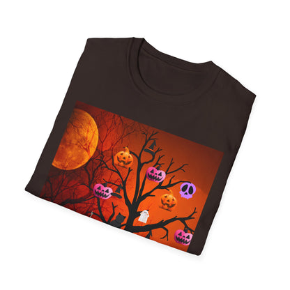 Halloween Pumpkin Tree T-Shirt, Unisex Softstyle Tee for Halloween, Spooky Vibes, Autumn Fashion, Fall Celebration Shirt