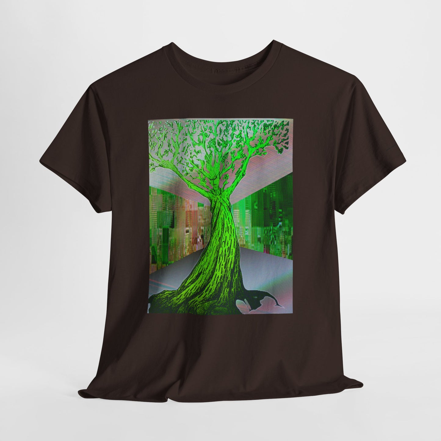 Green Neon Tree Graphic Tee – Surreal Nature Art T-Shirt