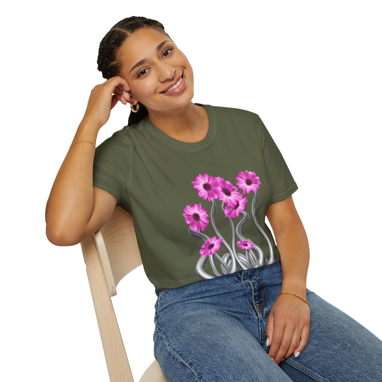 Floral Metal Futuristic Twist T‑Shirt — Pink Daisy Vine Graphic Tee