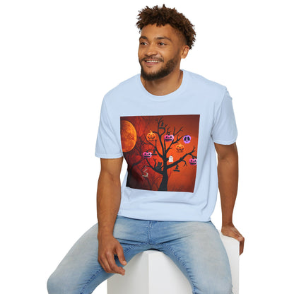 Halloween Pumpkin Tree T-Shirt, Unisex Softstyle Tee for Halloween, Spooky Vibes, Autumn Fashion, Fall Celebration Shirt
