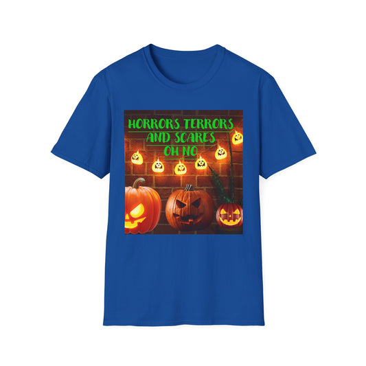 Halloween T-Shirt with Scary Pumpkins and string lights - Horror, Terrors and Scares Oh No