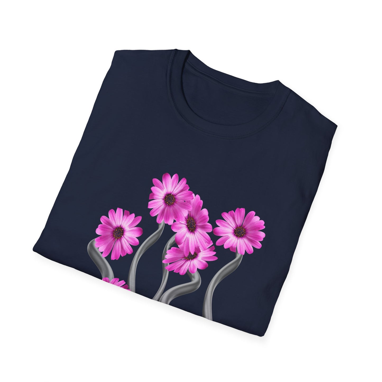 Floral Metal Futuristic Twist T‑Shirt — Pink Daisy Vine Graphic Tee