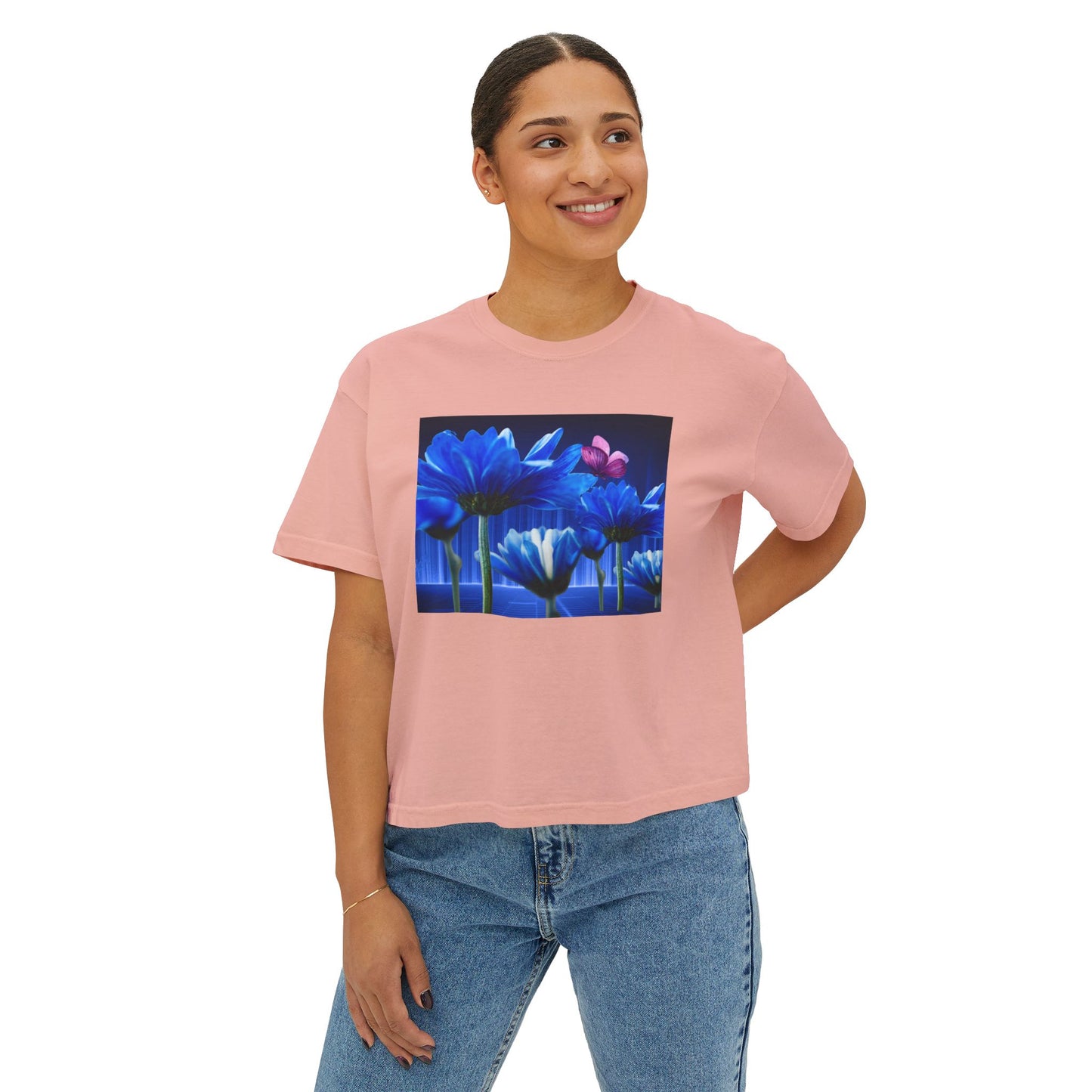 Floral Blue Flowered Backlight Women's Boxy Tee, Boho Chic Style, Perfect Summer Top, Gift for Her, Casual Cute Shirt, Nature-Inspired Apparel