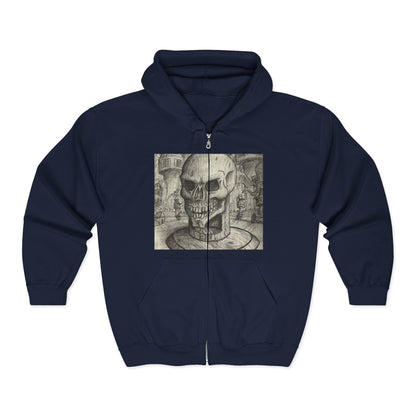 Gothic Black and White Skull Zip Hoodie, Unique Art Sweatshirt, Unisex Heavy Blend Hoodie, Stylish Casual Wear, Perfect for Halloween and Gift