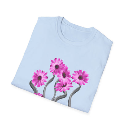 Floral Metal Futuristic Twist T‑Shirt — Pink Daisy Vine Graphic Tee