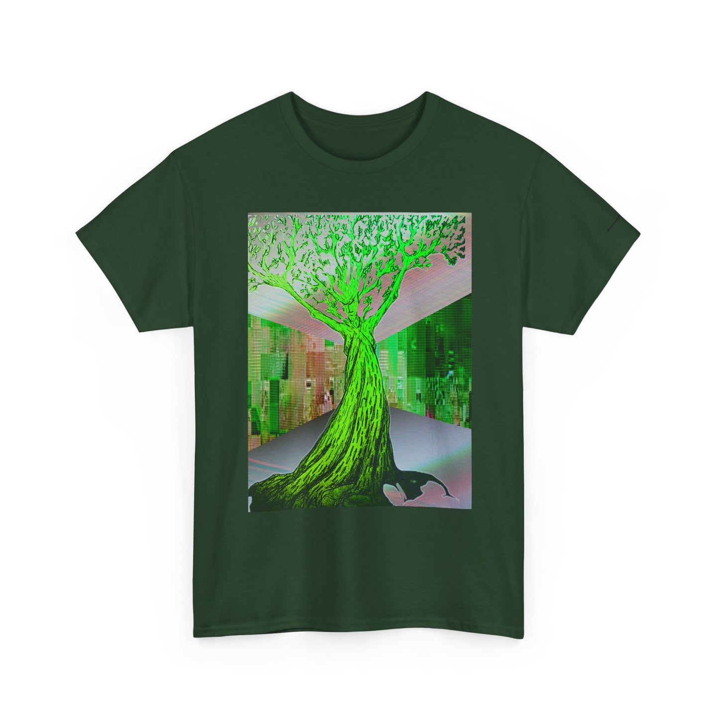 Green Neon Tree Graphic Tee – Surreal Nature Art T-Shirt