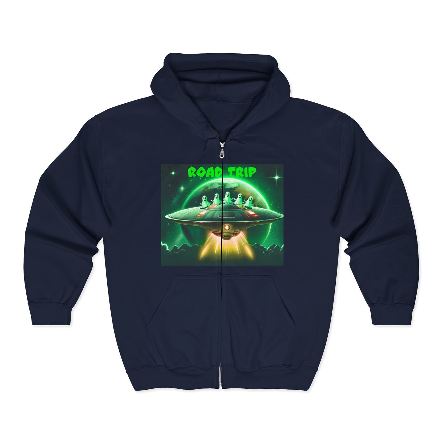 UFO Road Trip Hoodie, Unisex Zip Hoodie, Sci-Fi Sweatshirt, Alien Themed Apparel, Cool Graphic Hoodie, Gift for UFO Lovers