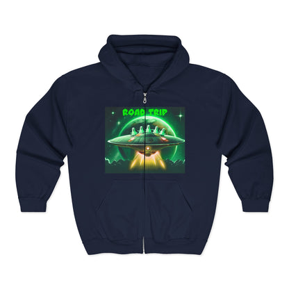 UFO Road Trip Hoodie, Unisex Zip Hoodie, Sci-Fi Sweatshirt, Alien Themed Apparel, Cool Graphic Hoodie, Gift for UFO Lovers