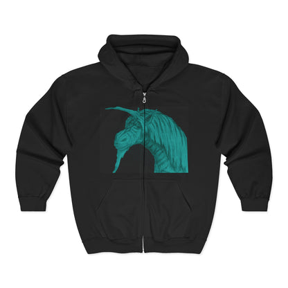 Green Unicorn Graphic Full Zip Hoodie for Animal Lovers | Cozy Outerwear for Spring, Unique Gift, Casual Wear, Birthday, Festival
