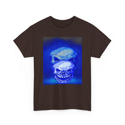 Skull Double Exposure Tee — Neon Blue Horror Graphic T-Shirt